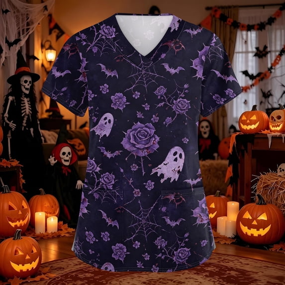 Domuza Women's Halloween Scrubs Shirts Funny Bat Graphic Casual Soft Stretchy Short Sleeve V-Neck Tshirts Breathable Nurse Uniforms Tops with Pocket Cyan S