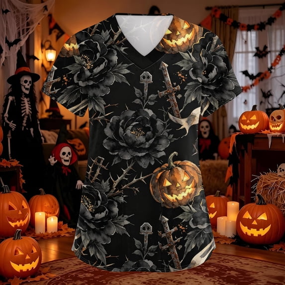 Domuza Women's Halloween Scrubs Shirts Ghost Graphic Casual Soft Stretchy Short Sleeve V-Neck T-Shirts Breathable Nurse Uniforms Tops with Pocket Gray M