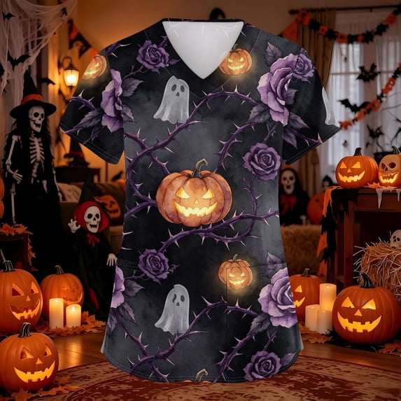Domuza Women's Halloween Scrubs Shirts Ghost Printed Casual Soft Stretchy Short Sleeve V Neck Shirts Breathable Nurse Uniforms Top with Pocket Sky Blue 5XL