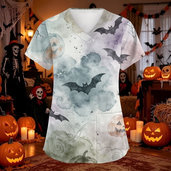 Domuza Women's Halloween Scrubs Shirts Pumpkin Graphic Casual Soft Stretchy Short Sleeve V Neck Tee Shirts Breathable Nurse Uniforms Top with Pocket Blue 5XL