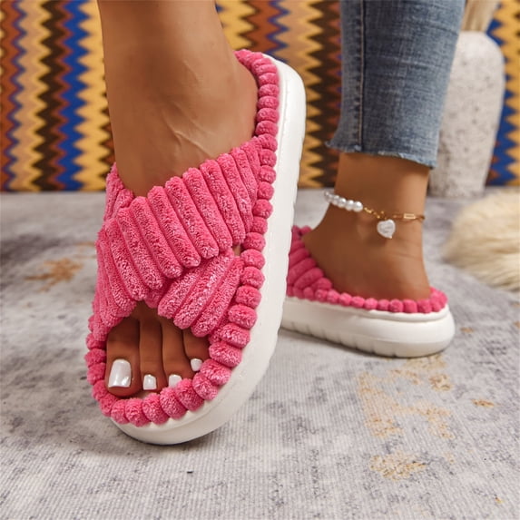 Domuza Women's House Slippers Arch Support Open Toe Corduroy Cross Band Fuzzy Slippers Anti-Skid Slip On Cozy Soft Plush Home Shoes for Indoor and Outdoor Hot Pink 10.5(EU-44)