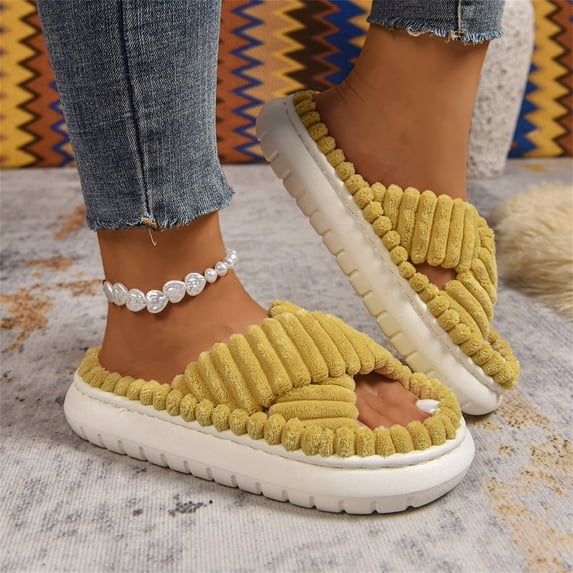 Domuza Women's House Slippers Arch Support Open Toe Corduroy Cross Band Fuzzy Slippers Anti-Skid Slip On Cozy Soft Plush Home Shoes for Indoor and Outdoor Yellow 5.5(EU-36)