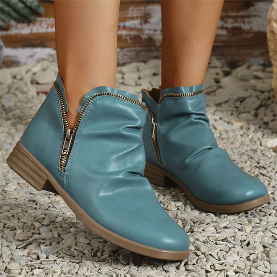 Domuza Women's Knee High Side Zipper Boots, Faux Leather Round Toe Block Heel Tall Dress Boots, Comfort Non-Slip Fall Winter Booties for Office Daily Commuting Wear Blue 5.5(EU-36)
