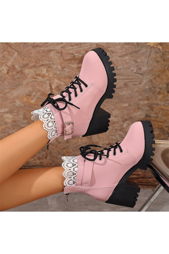 Women's Lace Trim Chunky Heel Ankle Boots Lace Up Buckle Decor Side Zipper Platform Booties Non-Slip Dressy Short Boots for Winter Casual Wear 5(EU-35) 35