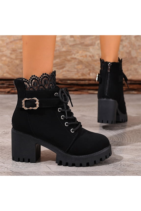 Women's Lace Trim Chunky Heel Ankle Boots Lace Up Buckle Decor Side Zipper Platform Booties Non-Slip Dressy Short Boots for Winter Casual Wear 7(EU-38) 38