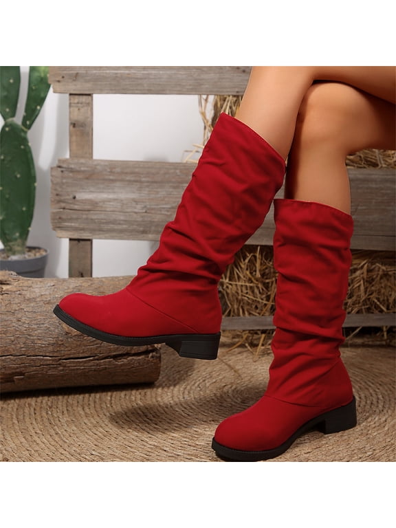 Women's Large Size Suede Slouch Mid Calf Boots, Round Toe Low Block Heel Pull On Casual Stackable Boots Red 8.5(EU-41)