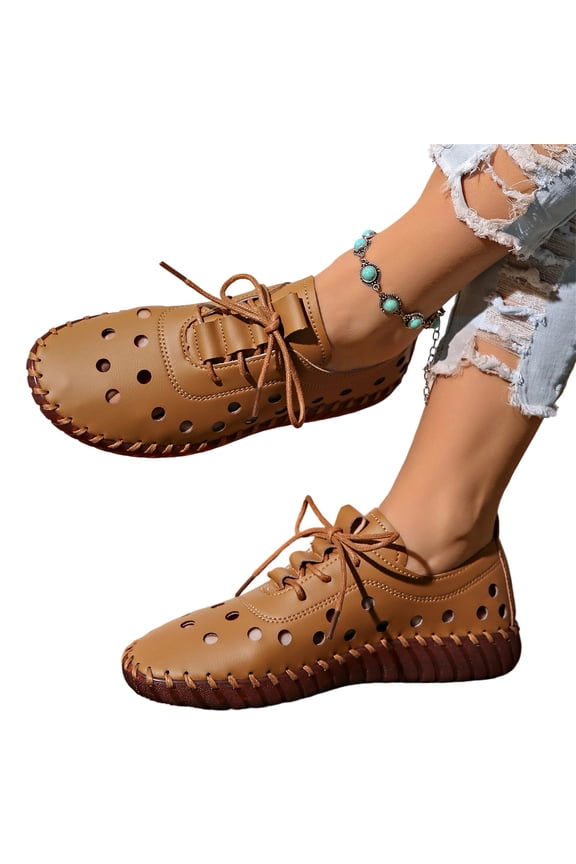 Women's Leather Loafers & Cutout Oxford Shoes, Slip Lace Up Flat Sneakers, Soft Non-slip Sole, Hand Stitching Design, Casual Comfort Walking Shoes for Women Brown 5(EU-35)
