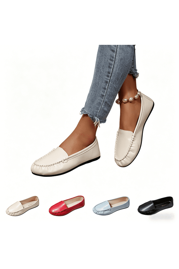 Women's Leather Loafers, classic slip-on moccasin style with hand stitching. Soft flat design, comfy for daily casual and driving wear. Beige 10(EU-43)
