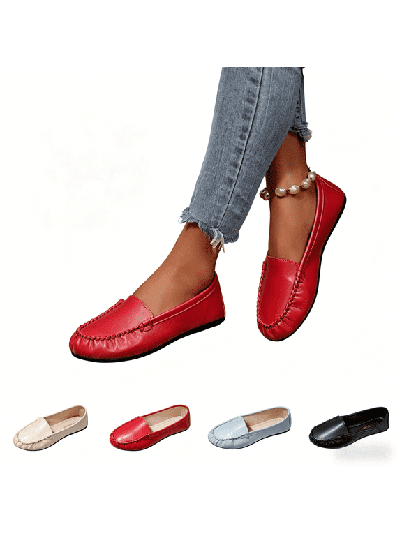 Women's Leather Loafers, classic slip-on moccasin style with hand stitching. Soft flat design, comfy for daily casual and driving wear. Red 8.5(EU-41)