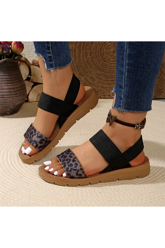 Women's Leopard Print Sandals, flat-toed open-heel beach shoes, comfortable and lightweight casual shoes Suitable for daily wear and travel. Black 8(EU-40)