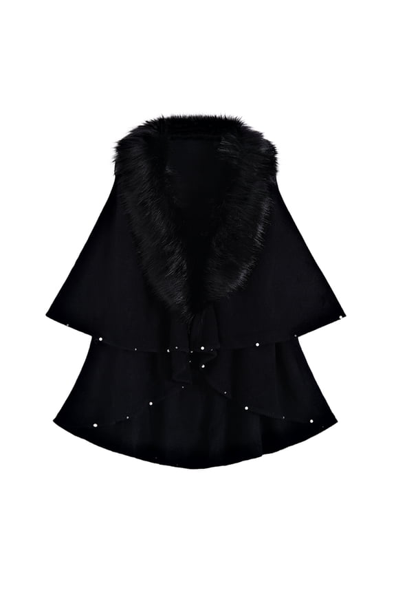 Women's Luxury Faux Fur Warm Cape Cloak Coat Fur Wrap Bridal Stoles Wedding Fur Shawl Black