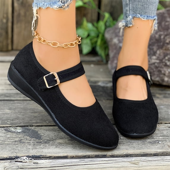 Domuza Women's Mary Jane Shoes with Adjustable Buckle Strap, Soft Corduroy Low Wedge Casual Walking Shoes, Comfort Round Toe Dress Flats for Daily Office Outdoor Wear Black 6.5(EU-37)