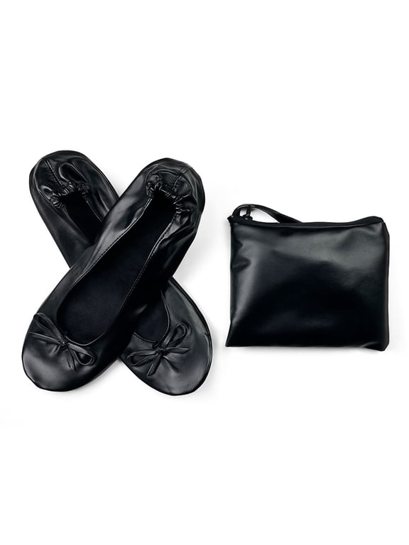 Women’s Metallic Shiny Bow Ballet Flat Shoes, Back Elastic Gathered Slip On Foldable Soft Sole Casual Ballerina Daily Dress Flats Black 9(EU-42)