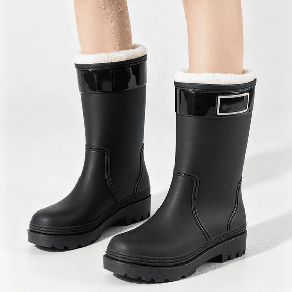 Domuza Women’s Mid-Calf Waterproof Rain Boots with Warm Fleece Lining Non-Slip PVC Winter Rain Shoes for Gardening Outdoor Work Cold Rainy Days 6.5(EU-37) 37