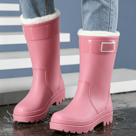 Domuza Women’s Mid-Calf Waterproof Rain Boots with Warm Fleece Lining Non-Slip PVC Winter Rain Shoes for Gardening Outdoor Work Cold Rainy Days 6.5(EU-37) 37