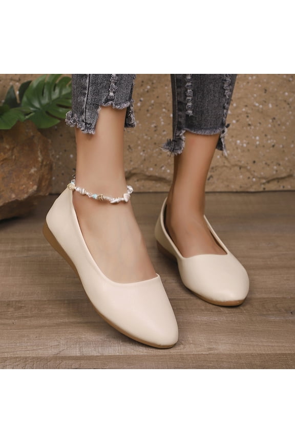 Women’s Minimalist Solid Leather Flat Ballet Flats, Round Toe Slip On Soft Casual Dress Shoes with Low Block Heel for Daily Office Wear Beige 9(EU-42)