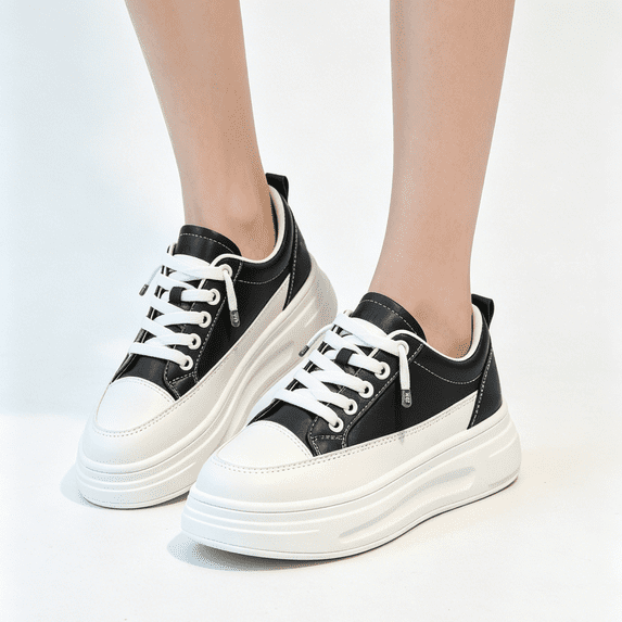 Domuza Women's No Tie Elastic Lace Platform White Sneakers Rhinestone Decor PU Leather Lightweight Non Slip Casual Walking Footwear Black 5.5(EU-36)
