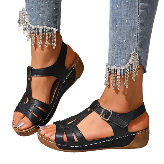 Domuza Women's Orthopedic Wedge Sandals, open toe slingback design with adjustable ankle buckle. Breathable & comfortable, non-slip sole, perfect for summer beach Black 9(EU-42)
