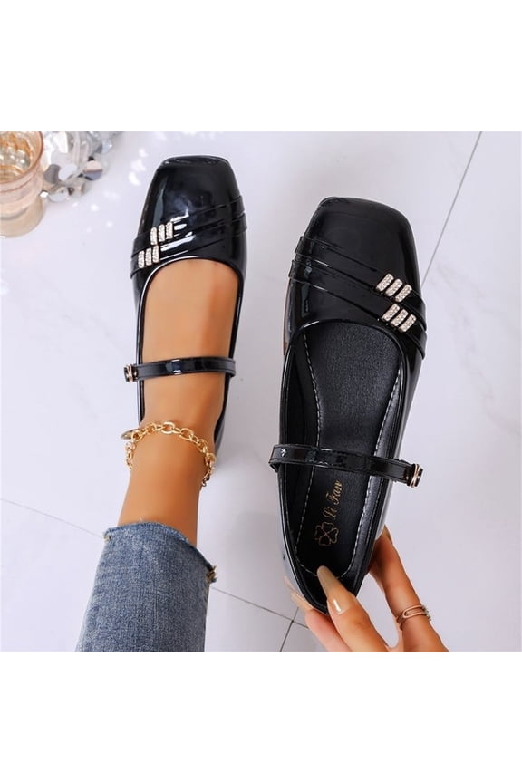 Women’s Patent Leather Mary Jane Flats, Rhinestone Strap Square Toe Dress Shoes Low Flat Walking Footwear Black 5（EU-35）