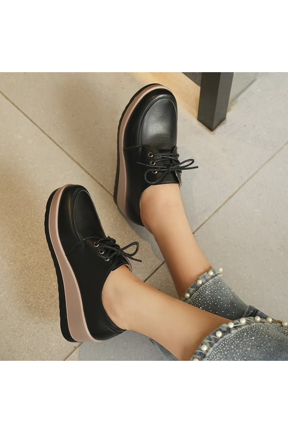 Women's Platform Oxford Shoes Classic Chunky Patent Leather PU Square Toe Wedges Casual Lace Up Sneakers for summer Black 10(EU-43)