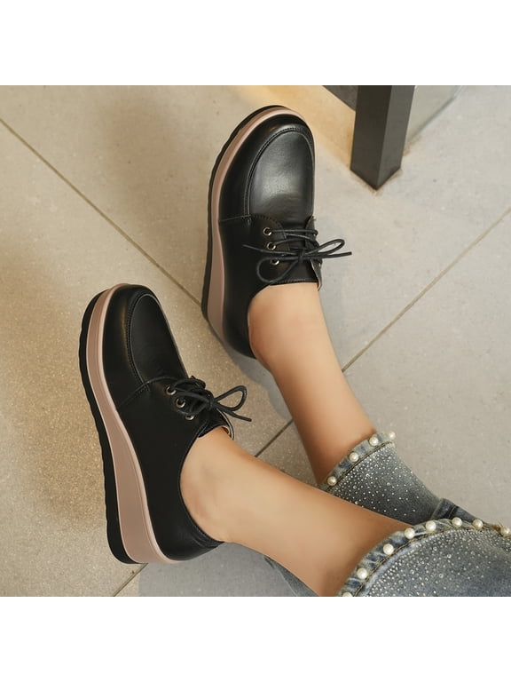 Women's Platform Oxford Shoes Classic Chunky Patent Leather PU Square Toe Wedges Casual Lace Up Sneakers for summer Black 7(EU-38)