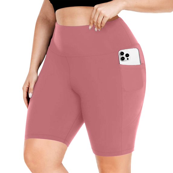Domuza Women's Plus Size High Waist Biker Shorts Yoga Workout Sports Athletic Running Shorts with Pockets Watermelon Red 2XL