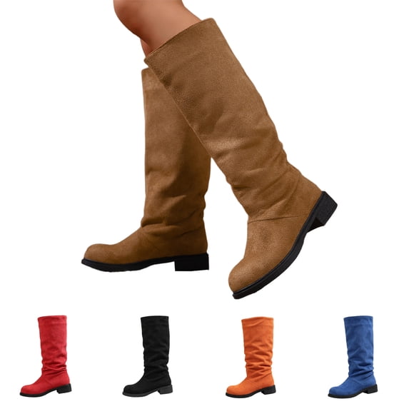 Domuza Women's Plus Size Round Toe Slouchy Knee‑High Boots, Soft Textured Upper Low Block Heel Casual Long Boots Brown 7.5(EU-39)