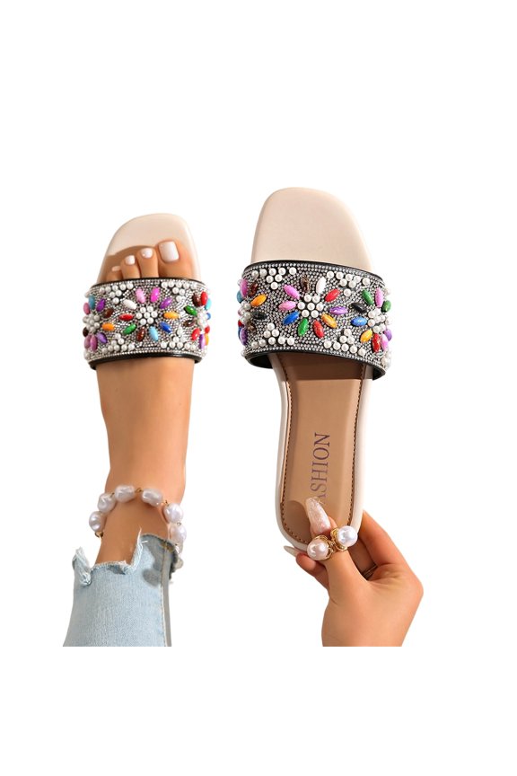 Women's Retro Non-slip Slippers & Pearl Beaded Flat Sandals, square open toe sparkly slip on slides, stylish dressy casual shoes for outdoor daily wear Black 7(EU-38)