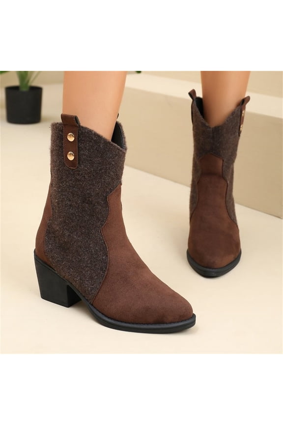 Women's Retro Pointed Toe Short Cowboy Boots, Two-Tone Faux Suede Chunky Heel Booties, Casual Fall Winter Ankle Boots for Outdoor Commuting Brown 8.5(EU-41)