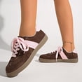 thumbnail image 1 of Domuza Women's Retro Suede Low Top Sneakers, Color Block Stripe Lace Up Casual Walking Shoes, Classic Comfort Fashion Sneakers for Daily Outdoor Wear Pink 8.5（EU-41）, 1 of 5