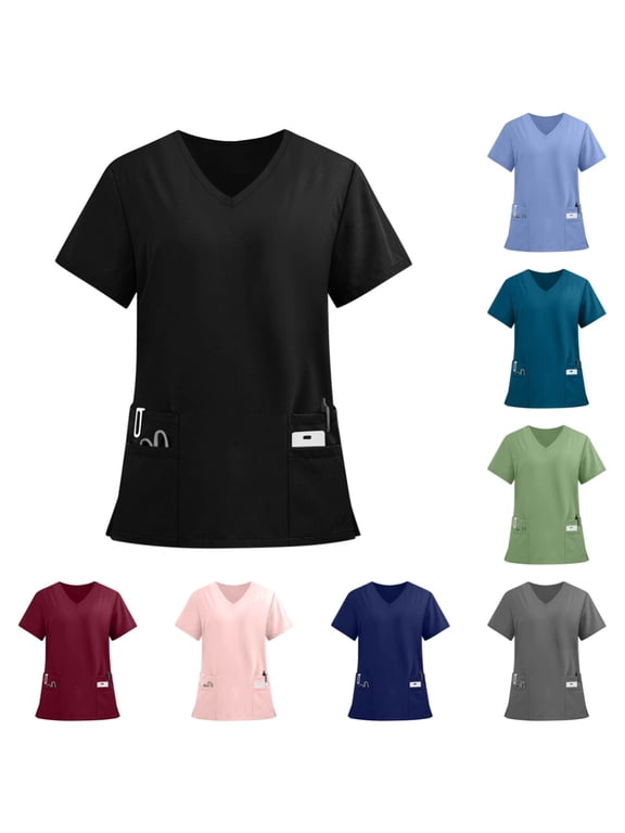 Women's Scrub Tops Casual Soft Stretchy Short Sleeve V Neck Tshirts Breathable Comfy Nurse Uniforms Blouses with Multiple Pocket Black L