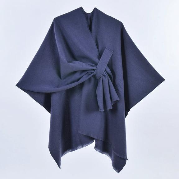 Domuza Women's Shawl Wrap Poncho Cape Tassel Open Front Cardigan Shawls for Fall Winter Navy