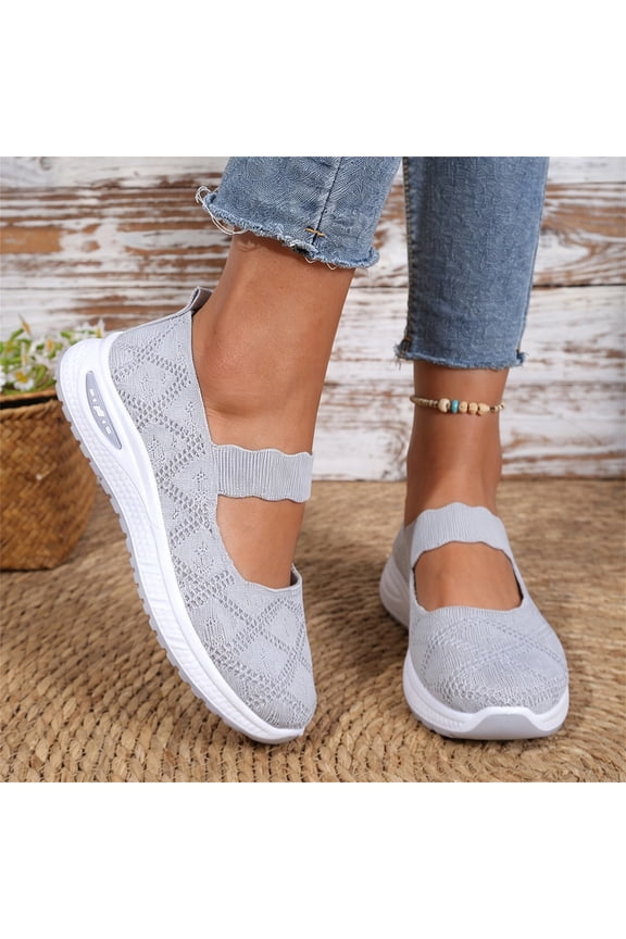 Women's Slip on Loafer Shoes - Knit Casual Ballet Flat Nurse Walking Sneakers Mesh Round Toe Low Wedge Memory Foam Shoes for 2026 summer Gray 7（EU-38）