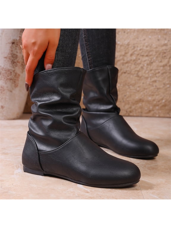 Women's Slouchy Faux Leather Ankle Boots, Flat Heel Round Toe Slip On Booties, Casual Comfort Short Boots for Fall Winter Daily Wear Black 8(EU-40)