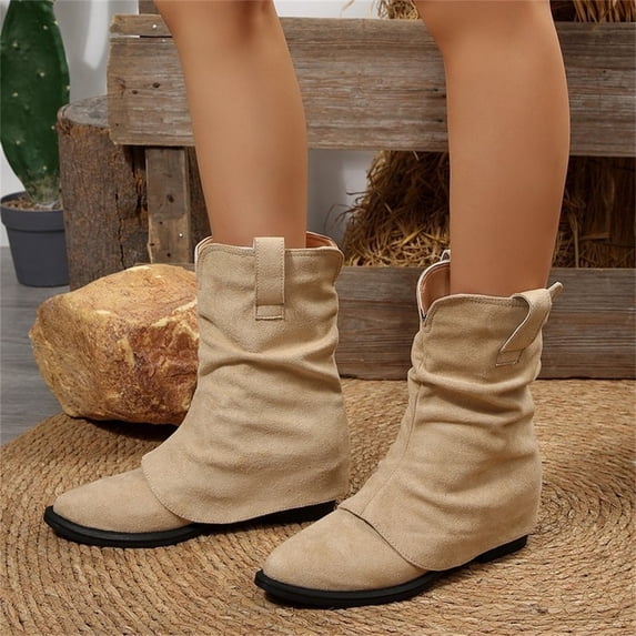 Domuza Women's Slouchy Faux Suede Ankle Boots, Ruched Stacked Slip On Short Booties, Comfort Flat Heel Casual Boots for Fall Winter Daily Wear Brown 8.5(EU-41)