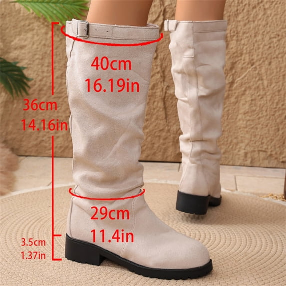 Domuza Women's Slouchy Knee High Boots, Faux Suede Buckle Decor Low Block Heel Tall Boots, Non-Slip Ruched Casual Winter Boots for Daily Commuting Walking Outdoor Wear Beige 6.5(EU-37)
