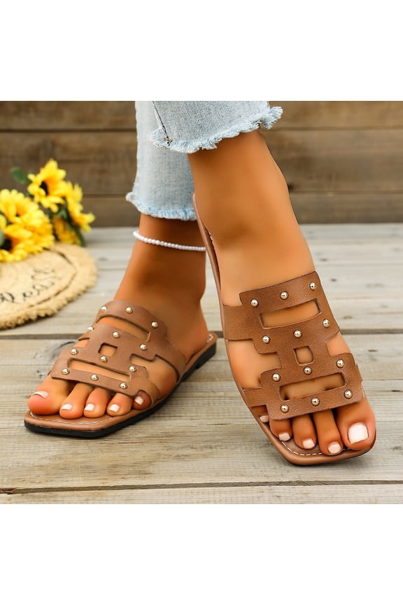 Women's Spike Studded Slide Sandals - Open Toe Slip On Casual Lightweight Comfort for Beach Pool 2026 Summer Sandals for Women Brown 9(EU-42)
