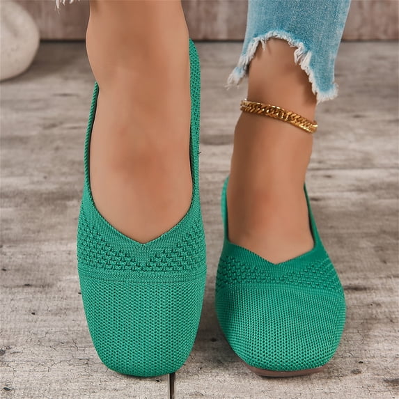 Domuza Women's Square Toe Knitted Flats Comfortable Softsole Slip On Ballet Flats summer Lightweight Casual Walking Work Shoes Green 6.5(EU-37)
