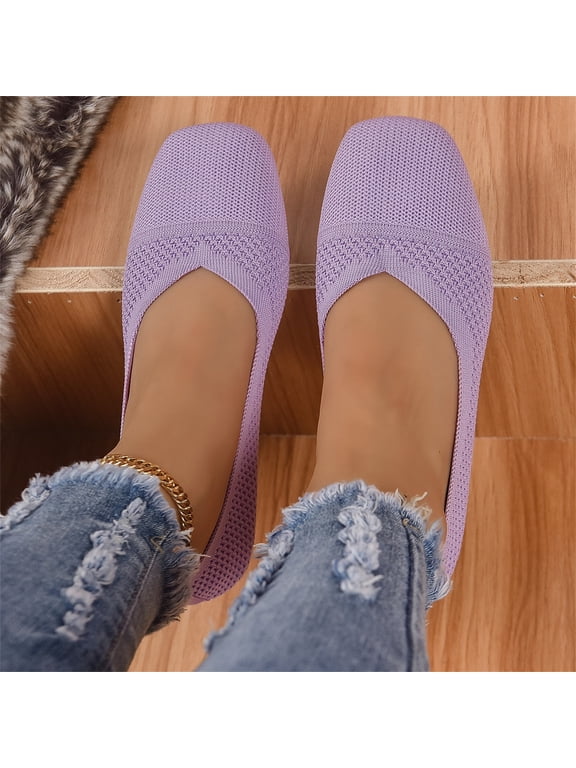 Women's Square Toe Knitted Flats Comfortable Softsole Slip On Ballet Flats summer Lightweight Casual Walking Work Shoes Purple 7(EU-38)