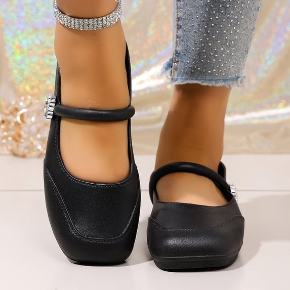 Domuza Women's Square Toe Mary Jane Shoes Four-Pointed Star Metal Buckle Low Block Heel Leather Casual Daily Walking Footwear Black 7(EU-38)