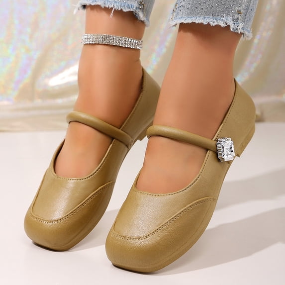 Domuza Women's Square Toe Mary Jane Shoes Four-Pointed Star Metal Buckle Low Block Heel Leather Casual Daily Walking Footwear Brown 7.5(EU-39)