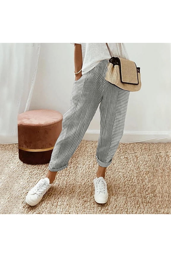 Women's Striped Linen Pants Casual Stretch Wasit Drawstring Straight Leg Pants 2026 New Trendy Relaxed Fit Beach Boho Trousers with Pocket Light Gray S