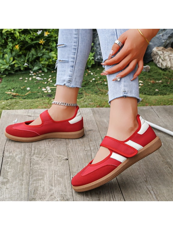 Women’s Stylish Red Retro Mary Jane Flats, Lightweight Adjustable Strap Sneakers with White Accents for Daily Commutes and Casual Activities Red 9(EU-42)