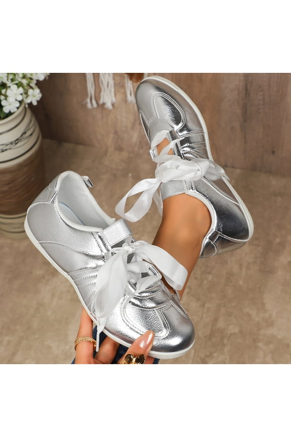 Women’s Stylish Shiny Gold Sneakers, Satin Bow Accent Lace-Up Flats Perfect for Casual Outings, Parties, and Special Occasions Silver 10（EU-43）