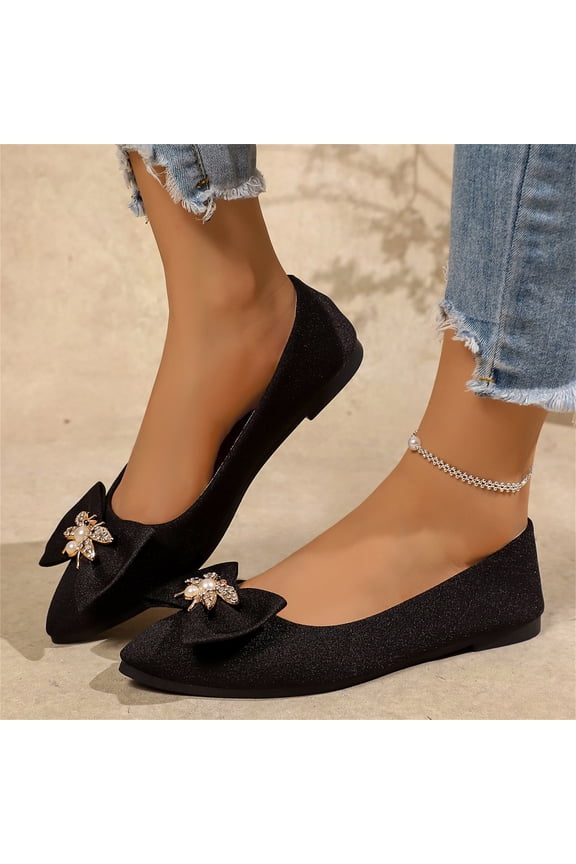 Women's Suede Pointed Toe Flat Shoes Rhinestone Pearl Bee Bow Decor Slip On Comfort Wedding Party Daily Dress Footwear Black 7(EU-38)