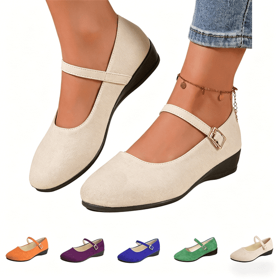 Domuza Women's Suede Pointed Toe Mary Janes, Cute Slip-On Ballet Flats, Comfortable Low-Heeled Ballerina Shoes for Casual and Dressy Daily Wear Beige 7.5(EU-39)