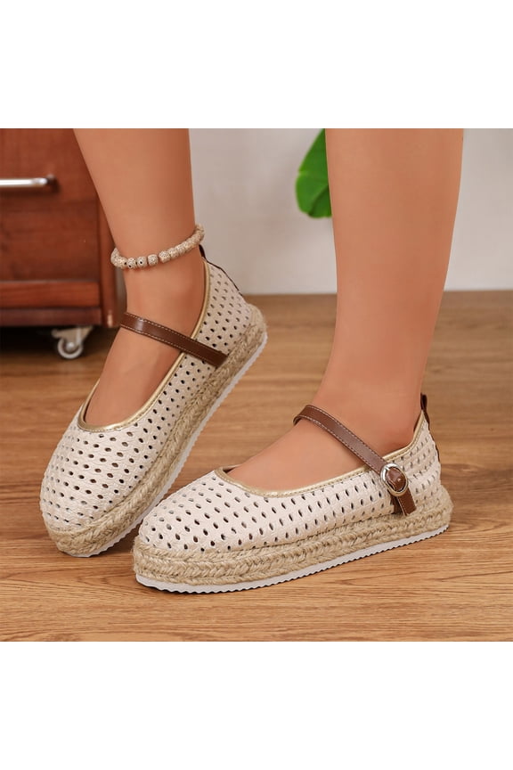 Womens Summer Mesh Espadrille Flats, Breathable Perforated Mary Jane Shoes with Jute Sole Beige 6.5EU-37