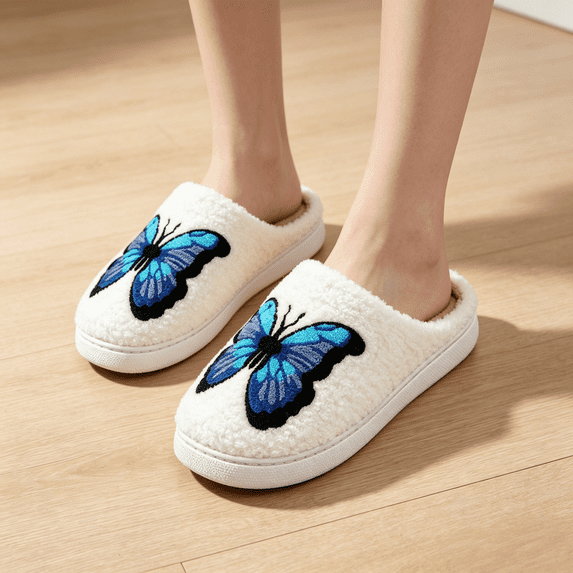 Domuza Women’s Sweet Bow Embroidery Fuzzy Slippers, Closed Toe Plush Warm Indoor House Shoes Non-Slip Winter Slides Blue 10.5(EU-44)