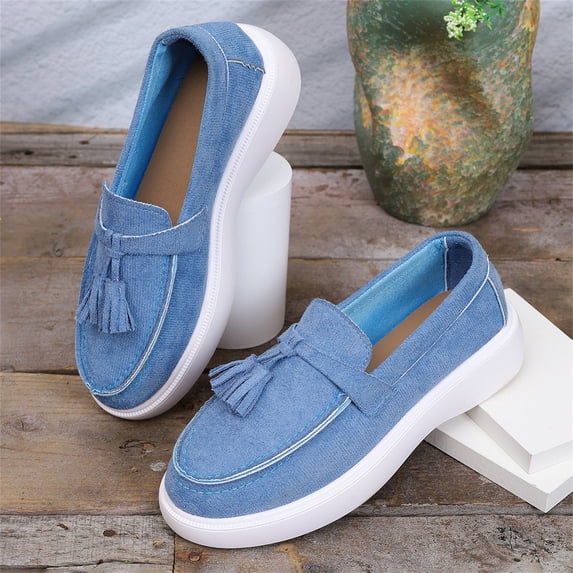 Domuza Women’s Tassel Platform Loafers, Slip On Canvas Wedge Walking Shoes Non-Slip Casual Daily Footwear Blue 8(EU-40)