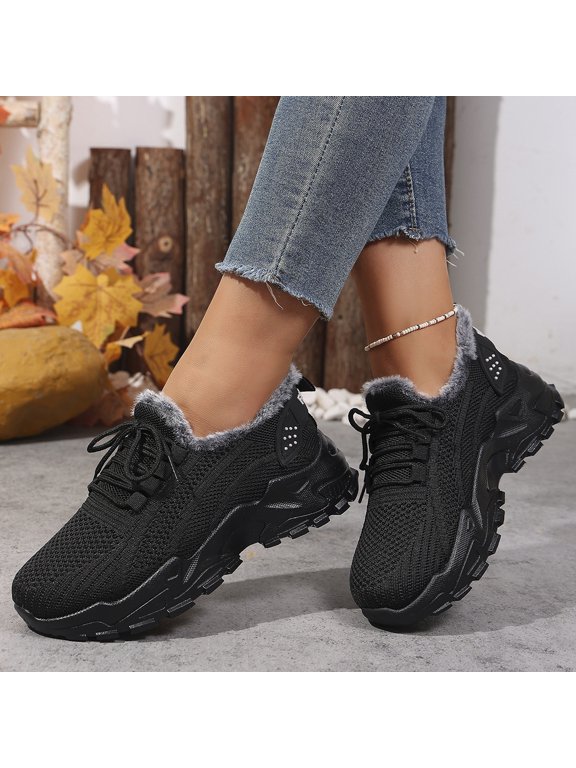 Women’s Thermal Fleece Lined Casual Sneakers, Breathable Knit Mesh Cold Weather Shoes with Non-Slip Rugged Sole for Winter Outdoor and Daily Use Black 8.5(EU-41)